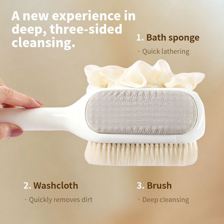 Translation missing: en.3-in-1 Multi-Functional Long-Handled Body Scrub Brush, Combining Bath Sponge + Soft-Bristle Brush + Washcloth in One, Home Exfoliating Bath Brush, Back Scrubber - Pink