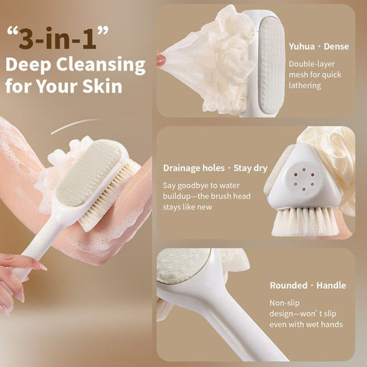 Translation missing: en.3-in-1 Multi-Functional Long-Handled Body Scrub Brush, Combining Bath Sponge + Soft-Bristle Brush + Washcloth in One, Home Exfoliating Bath Brush, Back Scrubber - Pink