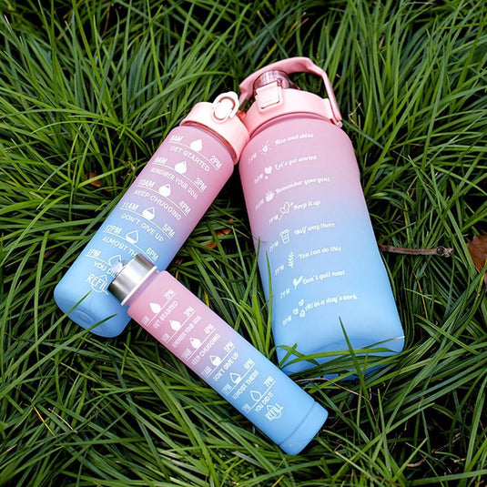 Translation missing: en.3-Piece Set Gradual-Color Motivational Water Bottles Set Sports Drinking Bottle with Time Markings Pink