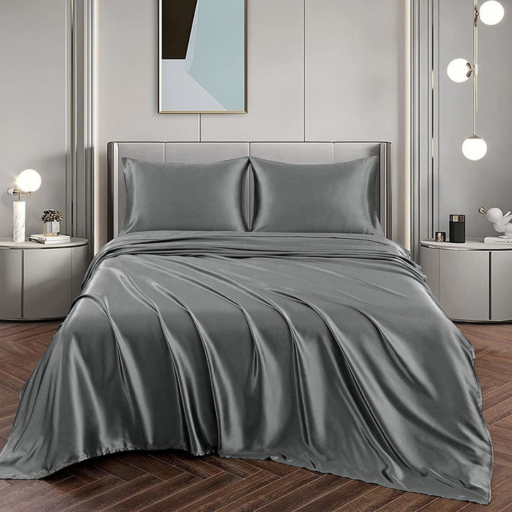 Translation missing: en.Art Silk Satin Sheet Set Hotel 4 Pieces Fitted/Flat Sheet Bedding Set-Luxury Soft Silky Sheets for Hair and Skin, Similar to Silk Bed Sheets Set 4 Pieces(Double,Grey)