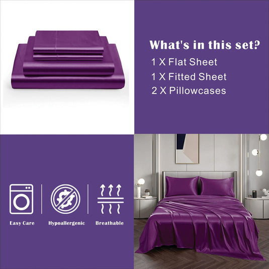 Translation missing: en.Art Silk Satin Sheet Set Hotel 4 Pieces Fitted/Flat Sheet Bedding Set-Luxury Soft Silky Sheets for Hair and Skin, Similar to Silk Bed Sheets Set 4 Pieces(Double,Purple)