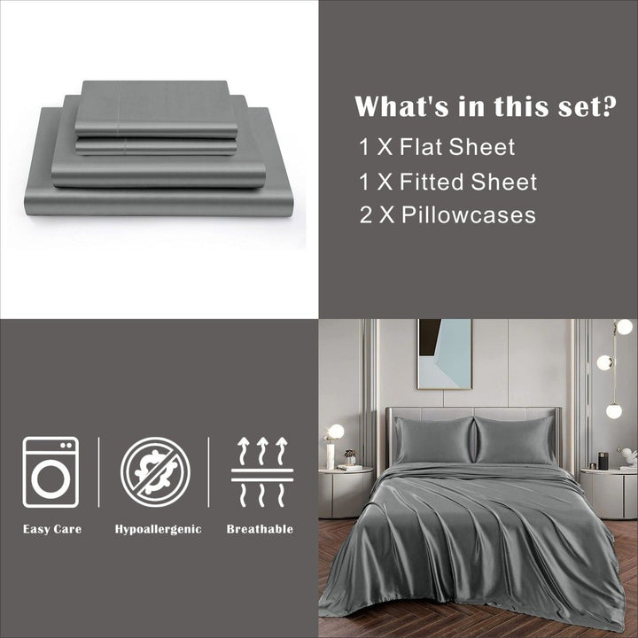 Translation missing: en.Art Silk Satin Sheet Set Hotel 4 Pieces Fitted/Flat Sheet Bedding Set-Luxury Soft Silky Sheets for Hair and Skin, Similar to Silk Bed Sheets Set 4 Pieces(King,Grey)