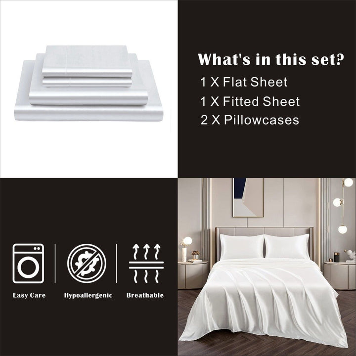 Translation missing: en.Art Silk Satin Sheet Set Hotel 4 Pieces Fitted/Flat Sheet Bedding Set-Luxury Soft Silky Sheets for Hair and Skin, Similar to Silk Bed Sheets Set 4 Pieces(Queen,White)