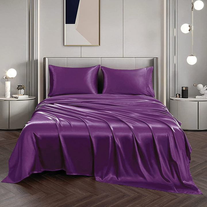 Translation missing: en.Art Silk Satin Sheet Set Hotel 4 Pieces Fitted/Flat Sheet Bedding Set-Luxury Soft Silky Sheets for Hair and Skin, Similar to Silk Bed Sheets Set 4 Pieces(Queen,Purple)