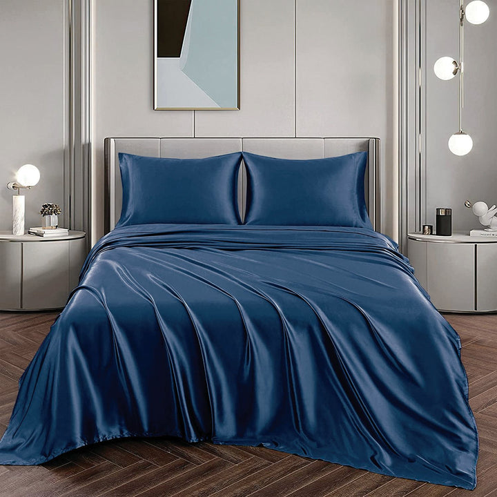 Translation missing: en.Art Silk Satin Sheet Set Hotel 4 Pieces Fitted/Flat Sheet Bedding Set-Luxury Soft Silky Sheets for Hair and Skin, Similar to Silk Bed Sheets Set 4 Pieces(Super King,Navy)