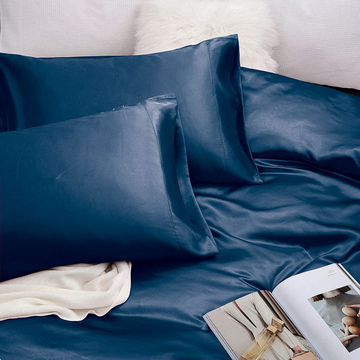 Translation missing: en.Art Silk Satin Sheet Set Hotel 4 Pieces Fitted/Flat Sheet Bedding Set-Luxury Soft Silky Sheets for Hair and Skin, Similar to Silk Bed Sheets Set 4 Pieces(Super King,Navy)
