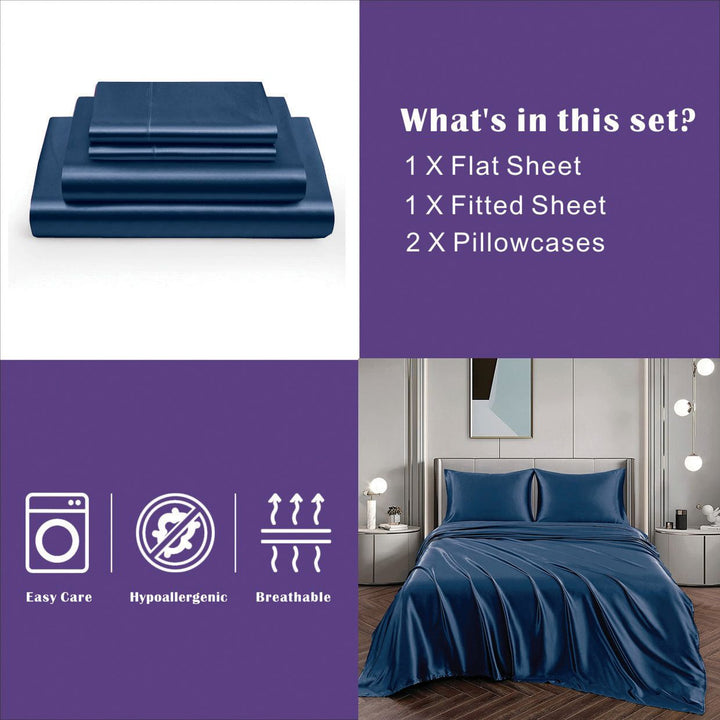 Translation missing: en.Art Silk Satin Sheet Set Hotel 4 Pieces Fitted/Flat Sheet Bedding Set-Luxury Soft Silky Sheets for Hair and Skin, Similar to Silk Bed Sheets Set 4 Pieces(Super King,Navy)