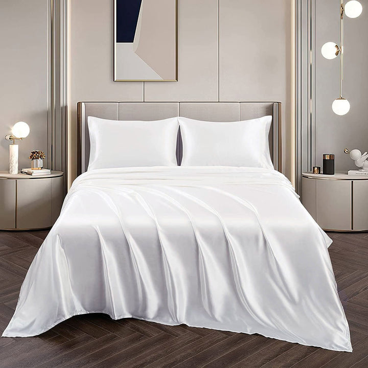 Translation missing: en.Art Silk Satin Sheet Set Hotel 4 Pieces Fitted/Flat Sheet Bedding Set-Luxury Soft Silky Sheets for Hair and Skin, Similar to Silk Bed Sheets Set 4 Pieces(Double,White)