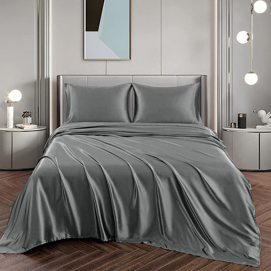 Translation missing: en.Art Silk Satin Sheet Set Hotel 4 Pieces Fitted/Flat Sheet Bedding Set-Luxury Soft Silky Sheets for Hair and Skin, Similar to Silk Bed Sheets Set 4 Pieces(Double,Grey)