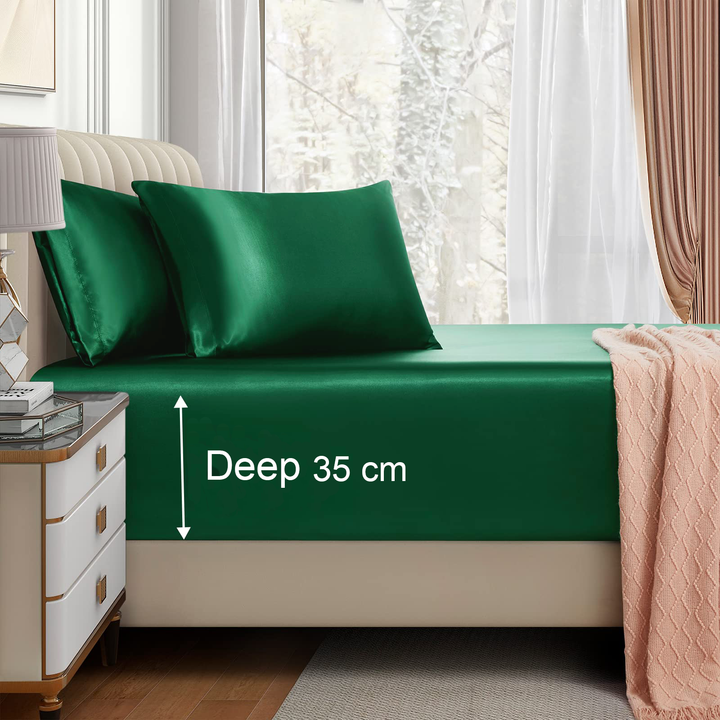 Translation missing: en.Satin Fitted Sheet Set Hotel 3 Pieces Fitted Sheet with Pillowcase, Art Silk Bedding Set-Luxury Soft Silky Sheets for Hair and Skin, Similar to Silk Fitted Sheets Set 3 Pieces(King,Green)