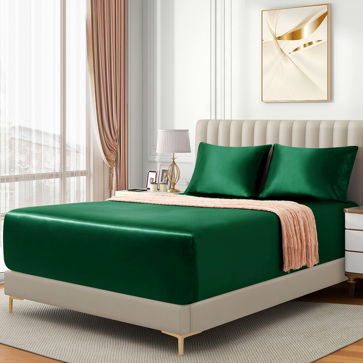 Translation missing: en.Satin Fitted Sheet Set Hotel 3 Pieces Fitted Sheet with Pillowcase, Art Silk Bedding Set-Luxury Soft Silky Sheets for Hair and Skin, Similar to Silk Fitted Sheets Set 3 Pieces(King,Green)