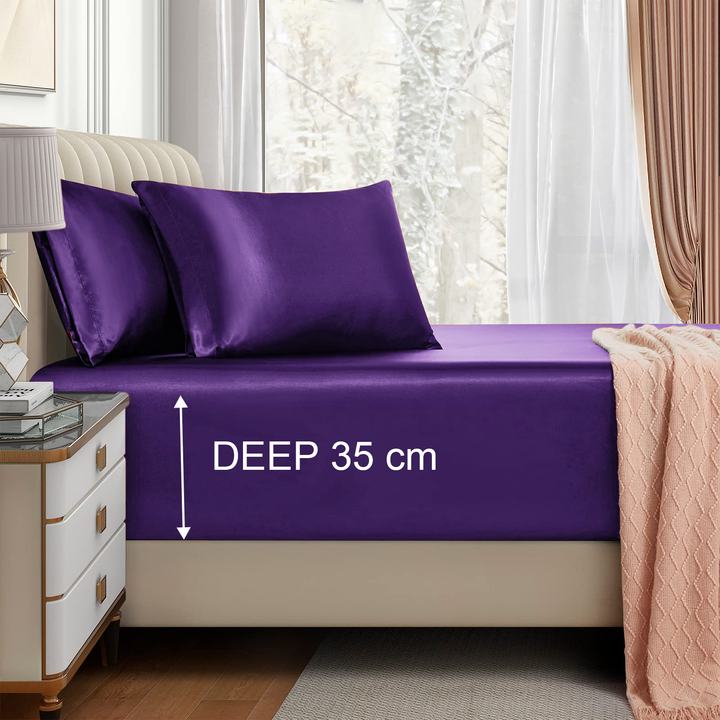 Translation missing: en.Satin Fitted Sheet Set Hotel 3 Pieces Fitted Sheet with Pillowcase, Art Silk Bedding Set-Luxury Soft Silky Sheets for Hair and Skin, Similar to Silk Fitted Sheets Set 3 Pieces(King,Purple)
