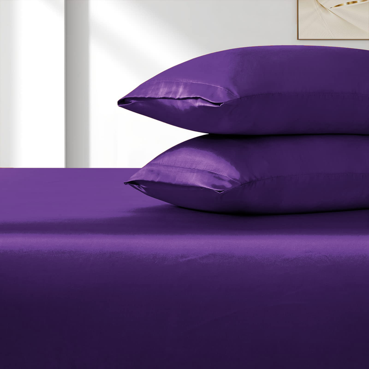 Translation missing: en.Satin Fitted Sheet Set Hotel 3 Pieces Fitted Sheet with Pillowcase, Art Silk Bedding Set-Luxury Soft Silky Sheets for Hair and Skin, Similar to Silk Fitted Sheets Set 3 Pieces(King,Purple)