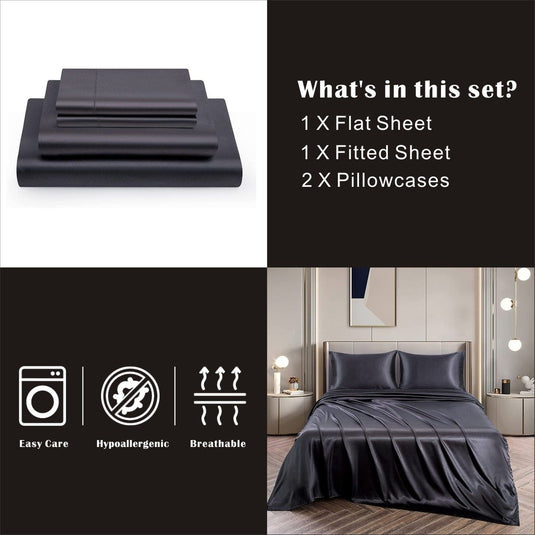 Translation missing: en.Art Silk Satin Sheet Set Hotel 4 Pieces Fitted/Flat Sheet Bedding Set-Luxury Soft Silky Sheets for Hair and Skin, Similar to Silk Bed Sheets Set 4 Pieces(King,Black)