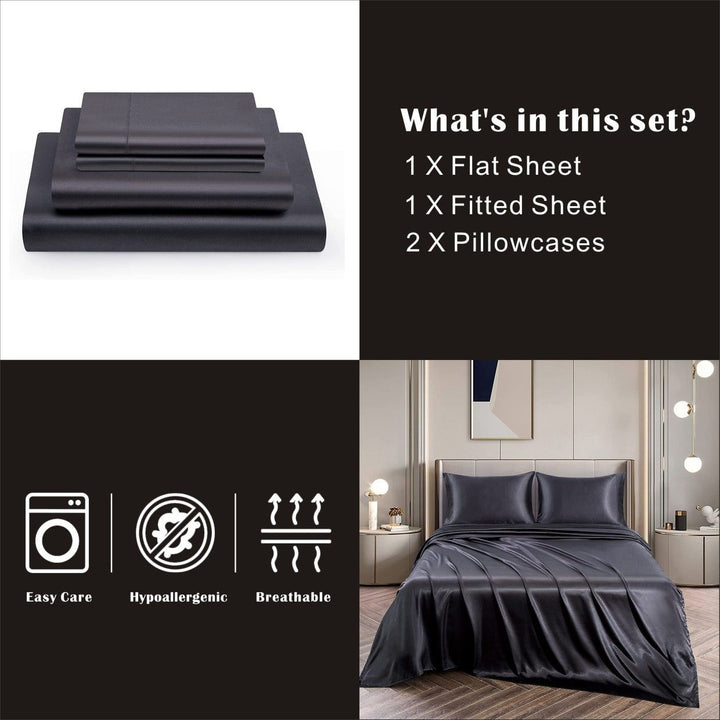 Translation missing: en.Art Silk Satin Sheet Set Hotel 4 Pieces Fitted/Flat Sheet Bedding Set-Luxury Soft Silky Sheets for Hair and Skin, Similar to Silk Bed Sheets Set 4 Pieces(King,Black)