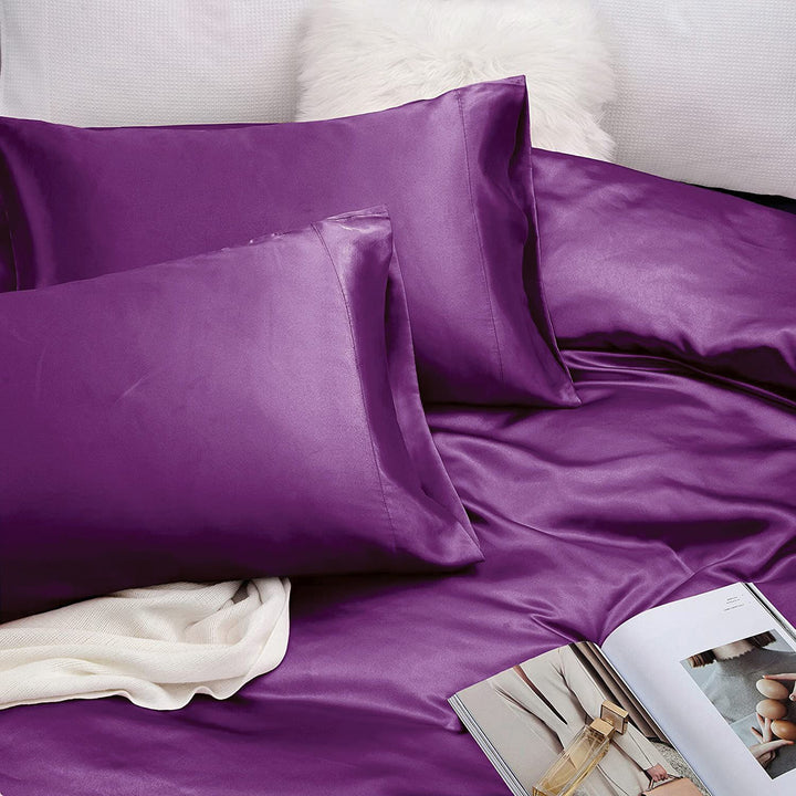 Translation missing: en.Art Silk Satin Sheet Set Hotel 4 Pieces Fitted/Flat Sheet Bedding Set-Luxury Soft Silky Sheets for Hair and Skin, Similar to Silk Bed Sheets Set 4 Pieces(King,Purple)