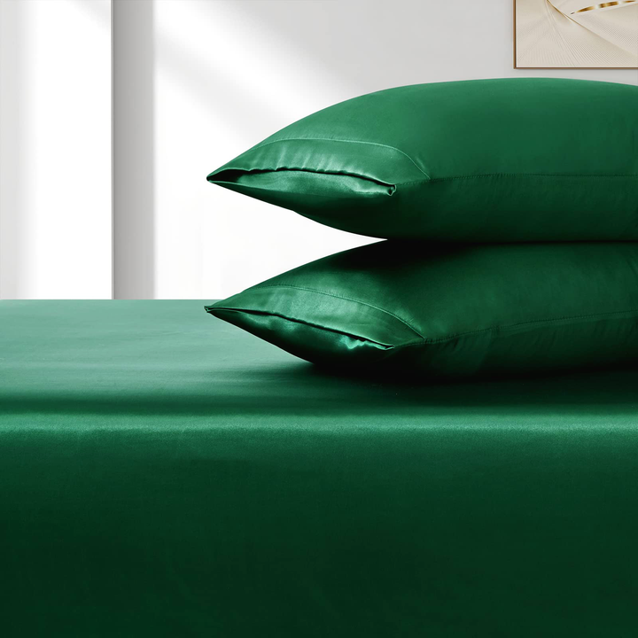 Translation missing: en.Satin Fitted Sheet Set Hotel 3 Pieces Fitted Sheet with Pillowcase, Art Silk Bedding Set-Luxury Soft Silky Sheets for Hair and Skin, Similar to Silk Fitted Sheets Set 3 Pieces(Queen,Green)