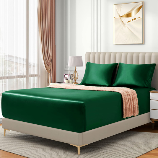 Translation missing: en.Satin Fitted Sheet Set Hotel 3 Pieces Fitted Sheet with Pillowcase, Art Silk Bedding Set-Luxury Soft Silky Sheets for Hair and Skin, Similar to Silk Fitted Sheets Set 3 Pieces(Queen,Green)