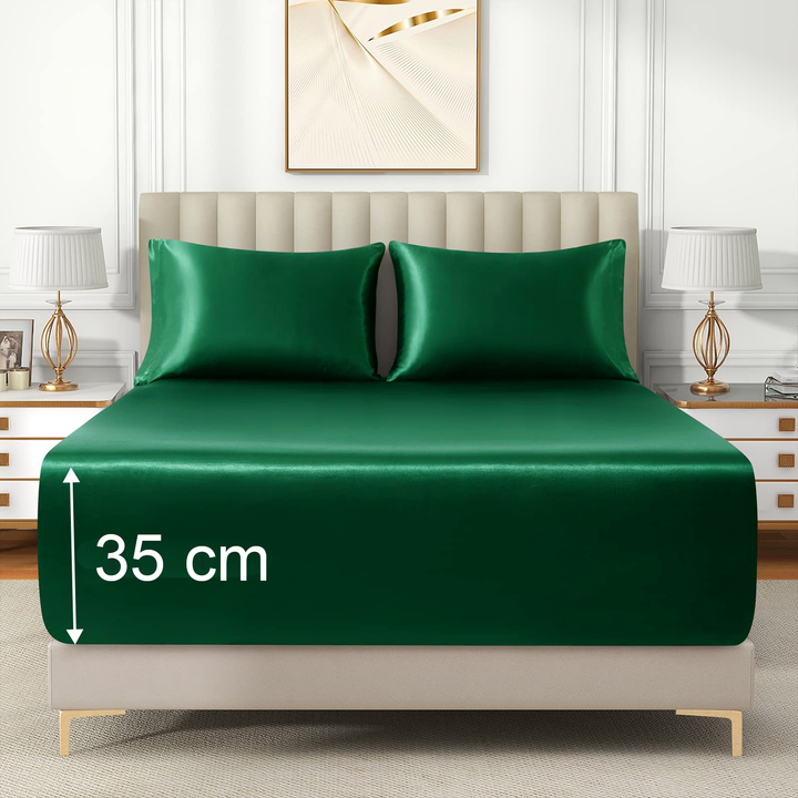 Translation missing: en.Satin Fitted Sheet Set Hotel 3 Pieces Fitted Sheet with Pillowcase, Art Silk Bedding Set-Luxury Soft Silky Sheets for Hair and Skin, Similar to Silk Fitted Sheets Set 3 Pieces(Queen,Green)