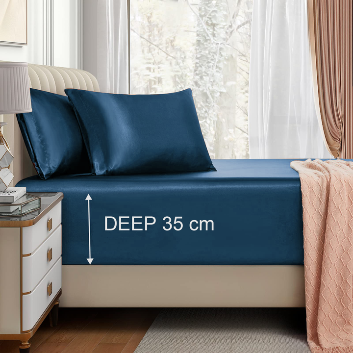 Translation missing: en.Satin Fitted Sheet Set Hotel 3 Pieces Fitted Sheet with Pillowcase, Art Silk Bedding Set-Luxury Soft Silky Sheets for Hair and Skin, Similar to Silk Fitted Sheets Set 3 Pieces(Queen,Navy)