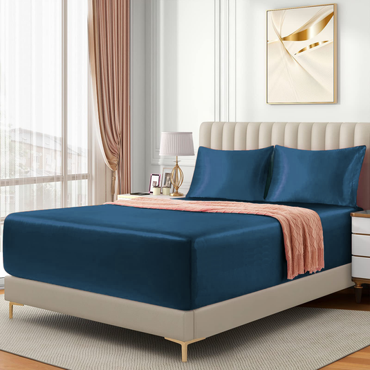Translation missing: en.Satin Fitted Sheet Set Hotel 3 Pieces Fitted Sheet with Pillowcase, Art Silk Bedding Set-Luxury Soft Silky Sheets for Hair and Skin, Similar to Silk Fitted Sheets Set 3 Pieces(Queen,Navy)