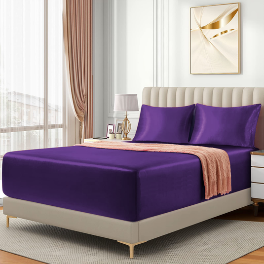 Translation missing: en.Satin Fitted Sheet Set Hotel 3 Pieces Fitted Sheet with Pillowcase, Art Silk Bedding Set-Luxury Soft Silky Sheets for Hair and Skin, Similar to Silk Fitted Sheets Set 3 Pieces(Queen,Purple)