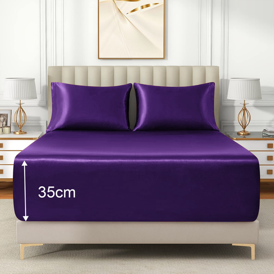 Translation missing: en.Satin Fitted Sheet Set Hotel 3 Pieces Fitted Sheet with Pillowcase, Art Silk Bedding Set-Luxury Soft Silky Sheets for Hair and Skin, Similar to Silk Fitted Sheets Set 3 Pieces(Queen,Purple)
