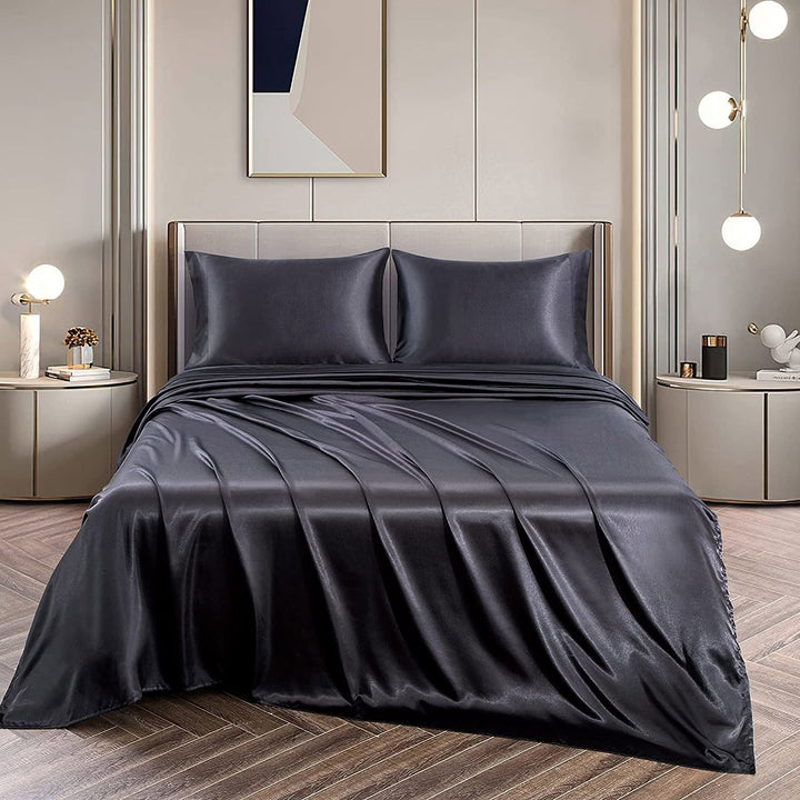 Translation missing: en.Art Silk Satin Sheet Set Hotel 4 Pieces Fitted/Flat Sheet Bedding Set-Luxury Soft Silky Sheets for Hair and Skin, Similar to Silk Bed Sheets Set 4 Pieces(Queen,Black)