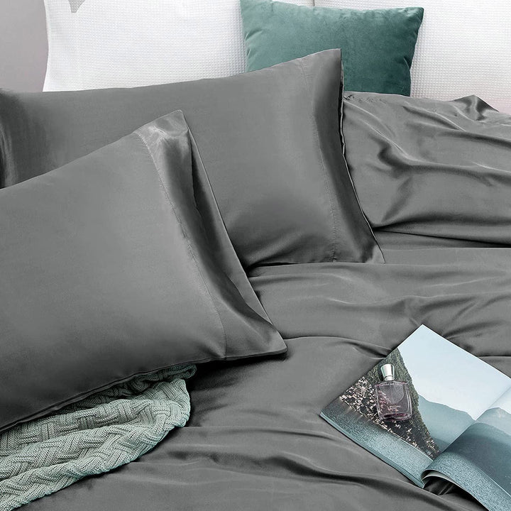 Translation missing: en.Art Silk Satin Sheet Set Hotel 4 Pieces Fitted/Flat Sheet Bedding Set-Luxury Soft Silky Sheets for Hair and Skin, Similar to Silk Bed Sheets Set 4 Pieces(Queen,Grey)