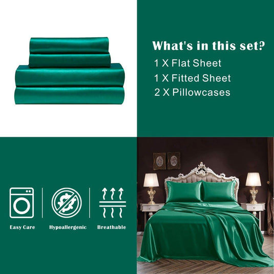 Translation missing: en.Art Silk Satin Sheet Set Hotel 4 Pieces Fitted/Flat Sheet Bedding Set-Luxury Soft Silky Sheets for Hair and Skin, Similar to Silk Bed Sheets Set 4 Pieces(Queen,Green)
