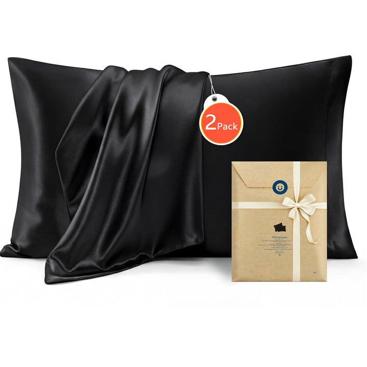 Translation missing: en.Silk Pillowcase for Hair and Skin Mulberry Silk Pillowcase Soft Breathable Smooth Both Sided Natural Silk Pillowcase with Envelope pocket Beauty Sleep Silk Pillow Case for Gift (2 Pack, Standard, Black)