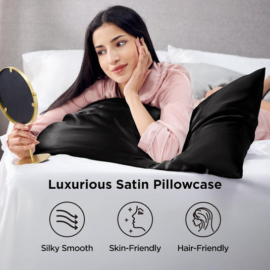 Translation missing: en.Silk Pillowcase for Hair and Skin Mulberry Silk Pillowcase Soft Breathable Smooth Both Sided Natural Silk Pillowcase with Envelope pocket Beauty Sleep Silk Pillow Case for Gift (2 Pack, Standard, Black)