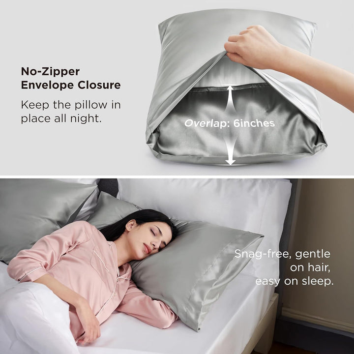 Translation missing: en.Silk Pillowcase for Hair and Skin Mulberry Silk Pillowcase Soft Breathable Smooth Both Sided Natural Silk Pillowcase with Envelope pocket Beauty Sleep Silk Pillow Case for Gift (2 Pack, Standard, Grey)