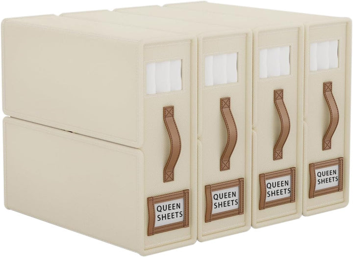 Translation missing: en.CARLA HOME Bed Sheet Organizer Set of 4 with Handle &amp; Window for Covers, Pillowcases, Blankets, Clothes &amp; Sheets (Beige)