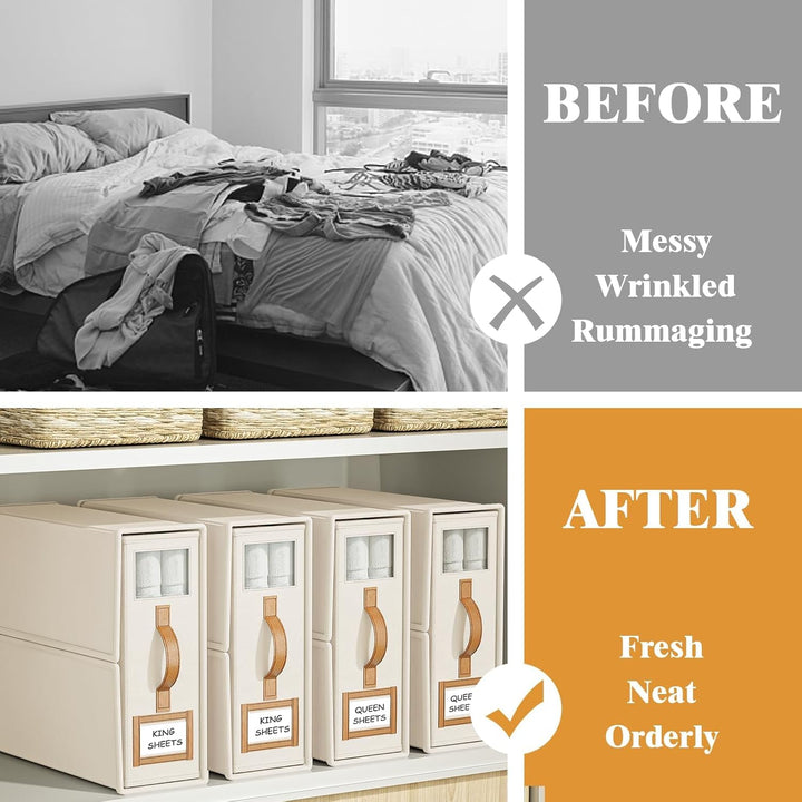 Translation missing: en.CARLA HOME Bed Sheet Organizer Set of 4 with Handle &amp; Window for Covers, Pillowcases, Blankets, Clothes &amp; Sheets (Beige)