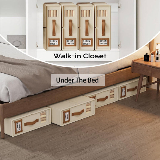 Translation missing: en.CARLA HOME Bed Sheet Organizer Set of 4 with Handle &amp; Window for Covers, Pillowcases, Blankets, Clothes &amp; Sheets (Beige)