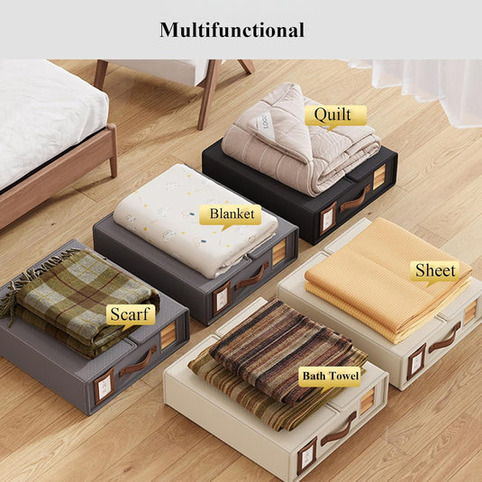 Translation missing: en.CARLA HOME Bed Sheet Organizer Set of 4 with Handle &amp; Window for Covers, Pillowcases, Blankets, Clothes &amp; Sheets (Beige)