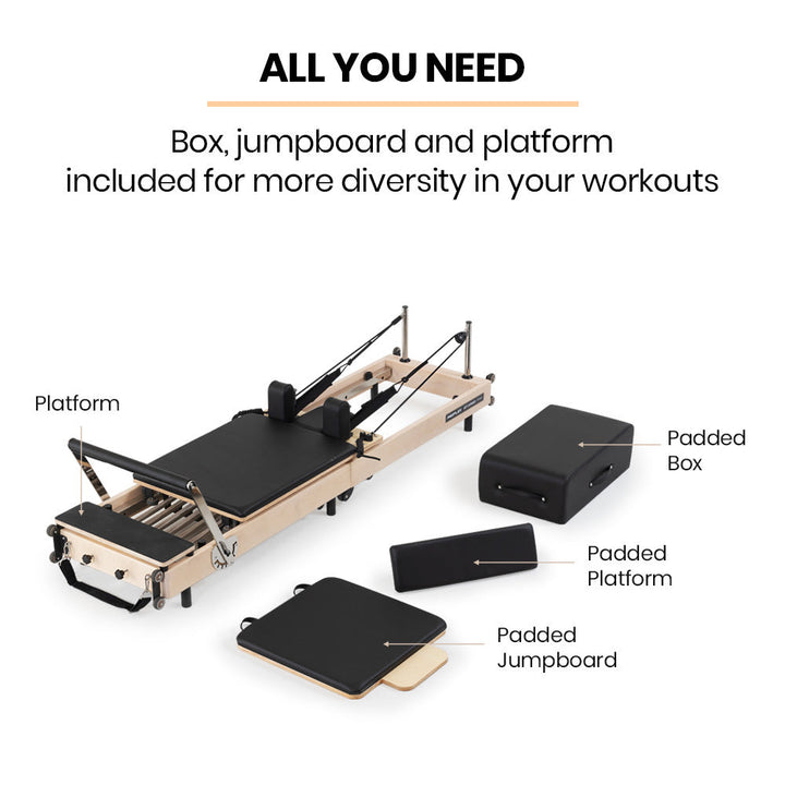 Translation missing: en.PROFLEX Wooden Pilates Reformer Machine, Stretch Bed with box and jump board accessories