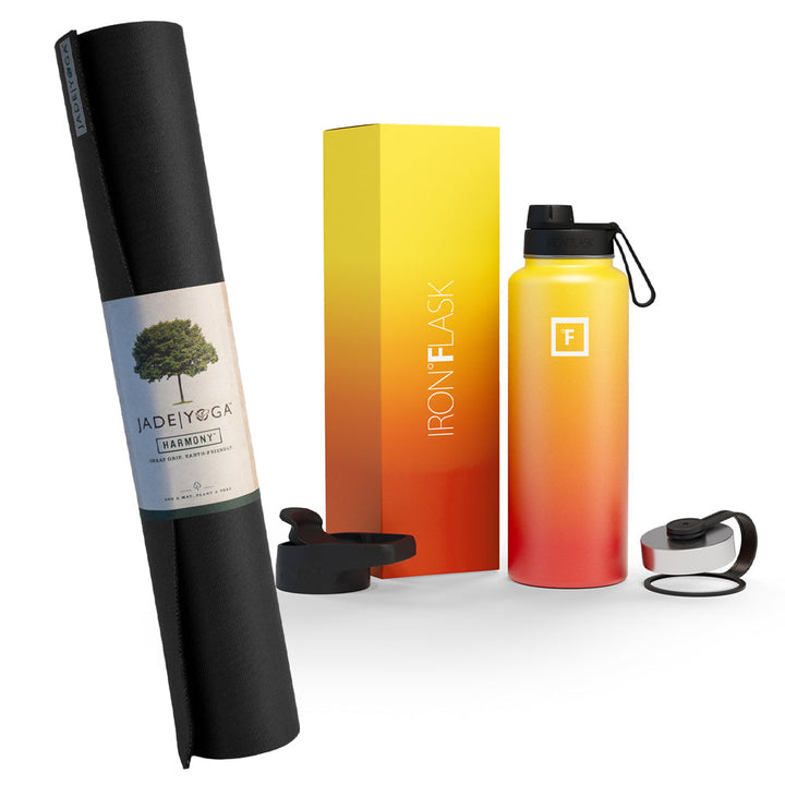 Translation missing: en.Jade Yoga Harmony Mat- Black &amp; Iron Flask Wide Mouth Bottle with Spout Lid, Fire, 32oz/950ml Bundle