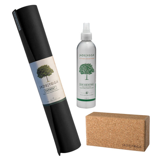 Translation missing: en.Jade Yoga Harmony Mat- Black &amp; Jade Yoga Cork Yoga Block - Small + Jade Yoga Plant Based Mat Wash - 8 oz Starter Kit