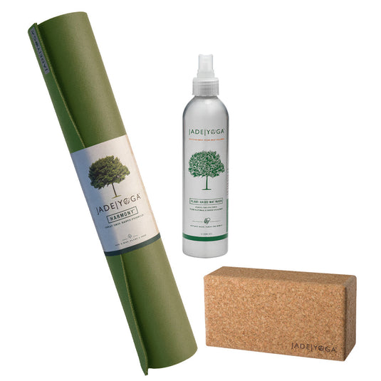 Translation missing: en.Jade Yoga Harmony Mat - Olive &amp; Jade Yoga Cork Yoga Block - Small + Jade Yoga Plant Based Mat Wash - 8 oz Starter Kit