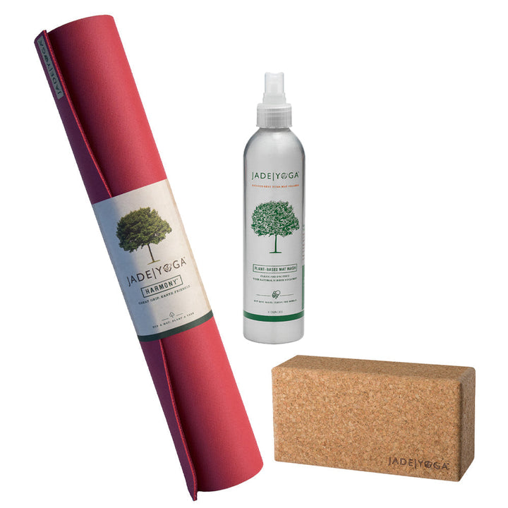 Translation missing: en.Jade Yoga Harmony Mat - Raspberry &amp; Jade Yoga Cork Yoga Block - Small + Jade Yoga Plant Based Mat Wash - 8 oz Starter Kit