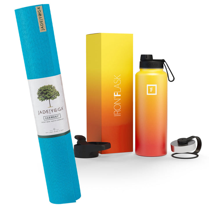 Translation missing: en.Jade Yoga Harmony Mat - Sky Blue &amp; Iron Flask Wide Mouth Bottle with Spout Lid, Fire, 32oz/950ml Bundle