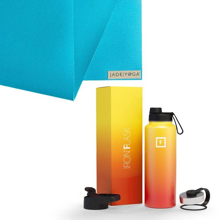 Translation missing: en.Jade Yoga Harmony Mat - Sky Blue &amp; Iron Flask Wide Mouth Bottle with Spout Lid, Fire, 32oz/950ml Bundle