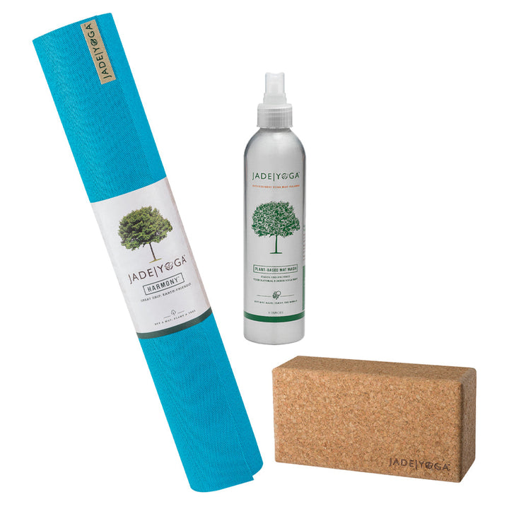 Translation missing: en.Jade Yoga Harmony Mat - Sky Blue &amp; Jade Yoga Cork Yoga Block - Small + Jade Yoga Plant Based Mat Wash - 8 oz Starter Kit