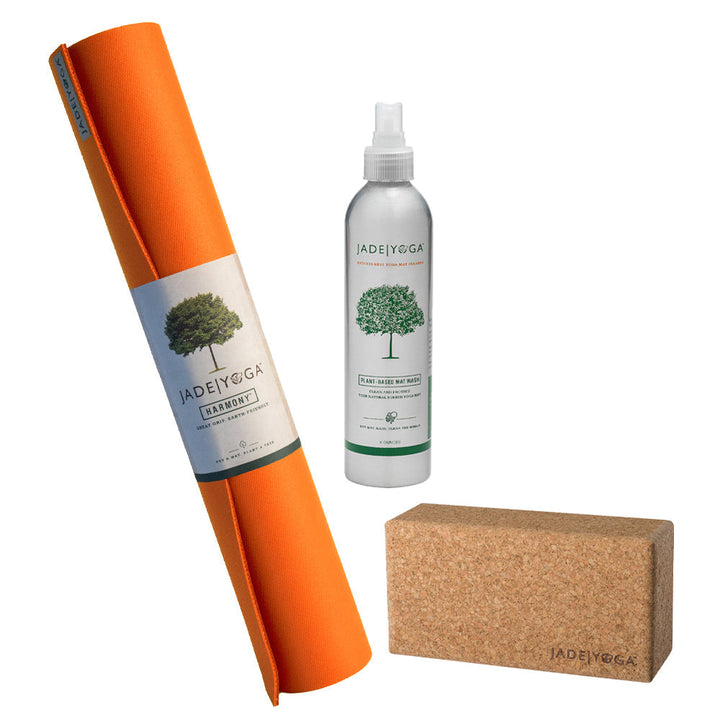 Translation missing: en.Jade Yoga Harmony Mat - Orange &amp; Jade Yoga Cork Yoga Block - Small + Jade Yoga Plant Based Mat Wash - 8 oz Starter Kit