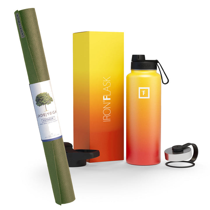 Translation missing: en.Jade Yoga Voyager Mat - Olive &amp; Iron Flask Wide Mouth Bottle with Spout Lid, Fire, 32oz/950ml Bundle