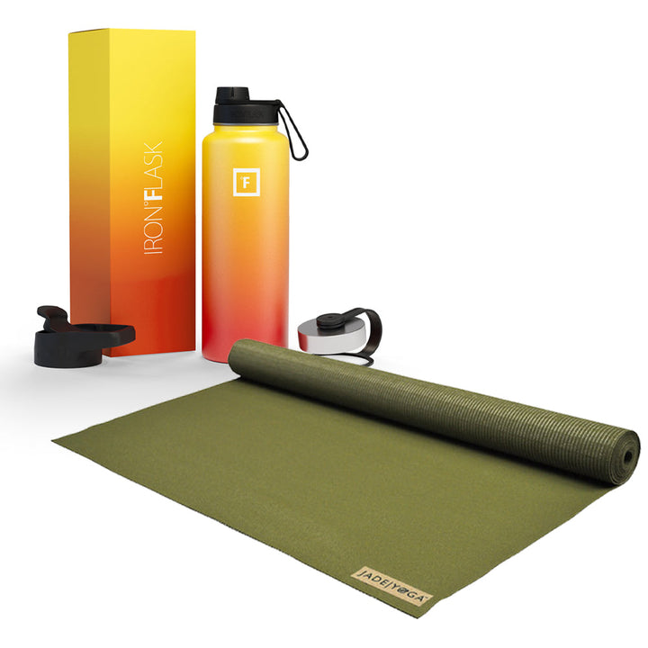 Translation missing: en.Jade Yoga Voyager Mat - Olive &amp; Iron Flask Wide Mouth Bottle with Spout Lid, Fire, 32oz/950ml Bundle