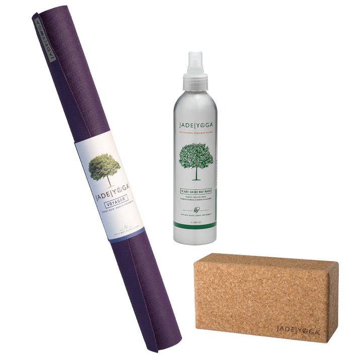 Translation missing: en.Jade Yoga Voyager Mat - Purple &amp; Jade Yoga Cork Yoga Block - Small + Jade Yoga Plant Based Mat Wash - 8 oz Starter Kit