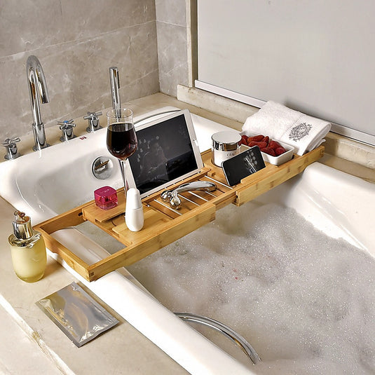 Translation missing: en.Bathroom Bamboo Bath Caddy Wine Glass Holder Table Tray Bathtub Rack Soap Shelf